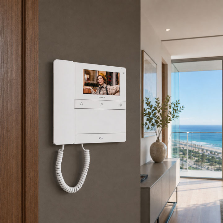 Foto del interior de una vivienda con un interfono con Monitor Comelit CR7701