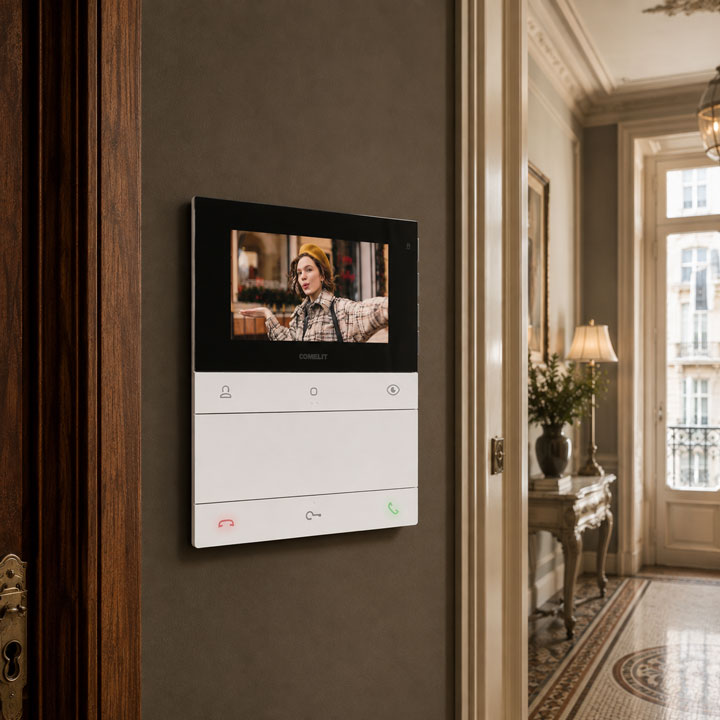 Foto del interior de una vivienda con un interfono con Monitor Comelit CR7721