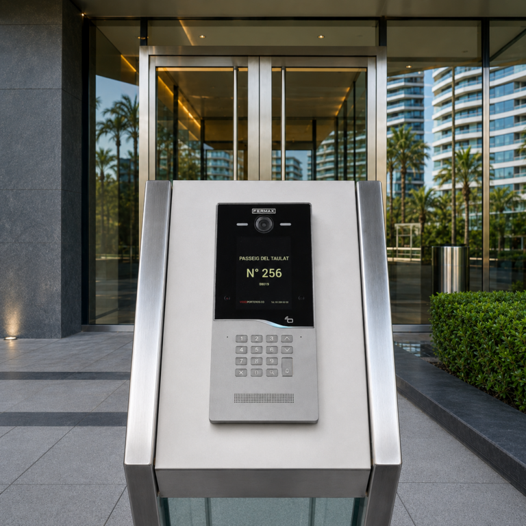 Foto exterior de una instalación de interfono delante del portal de una edificio