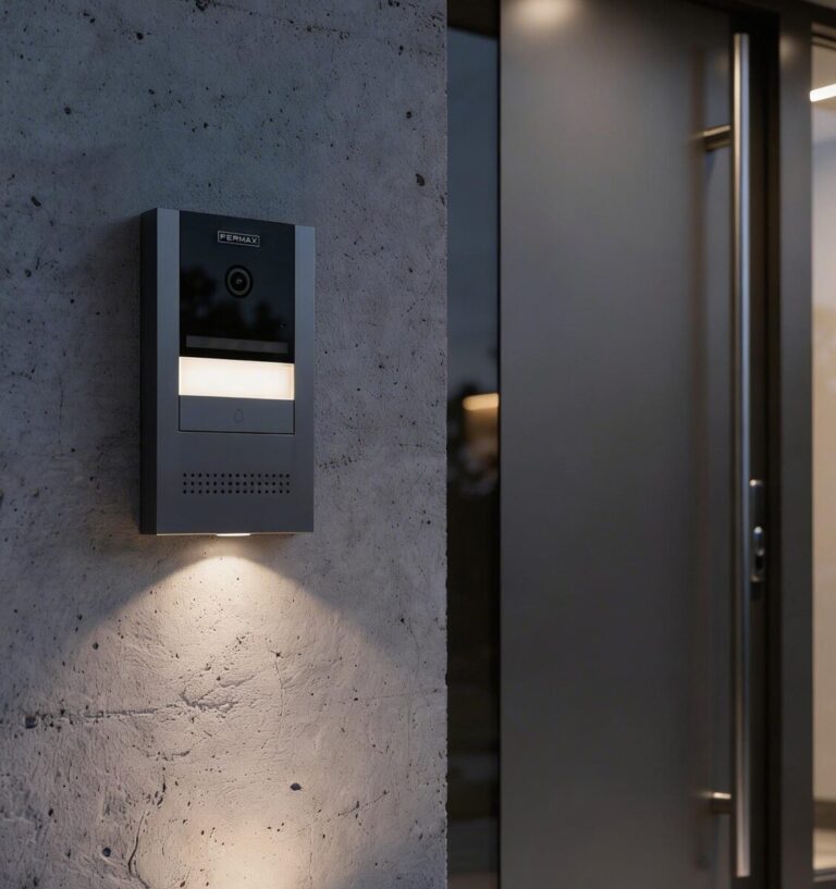 foto de noche de un portal de una instalación de interfono con Placa exterior CORAKIT