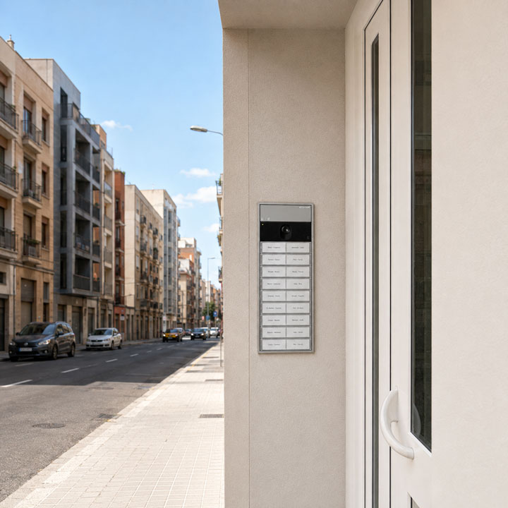 Foto de una Placa Comelit Ultra en el portal de una calle