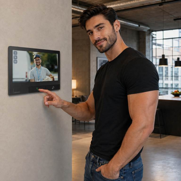 Foto del interior de una vivienda con un hombre hablando por un interfono con Monitor