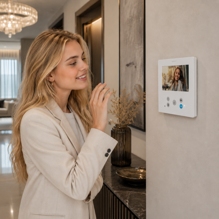 Foto del interior de una vivienda con una mujer hablando por un interfono con Monitor